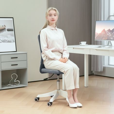 Chaise de bureau à roulettes, hauteur réglable, revêtement en lin synthétique, pour bureau ou espace de travail, 53 x 43 x 85-93 cm, grise (1/5)