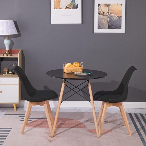 Esstisch mit 2 Stühlen, schwarz, ergonomisch, Kunstleder, Holzbeine (1/5)