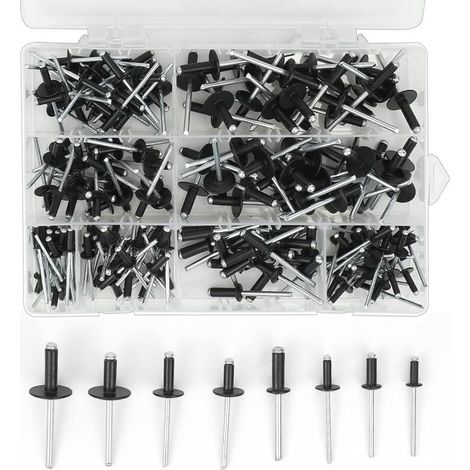 200 Stück Aluminium-Blindnieten, 3,2 x 8 mm, 3,2 x 10 mm, 4 x 10 mm, 4 x 14 mm, 4,8 x 14 mm, 4,8 x 18 mm, 8 Größen, schwarzes Blindnieten-Sortiment-Set für Metall, Holz, Kunststoff
