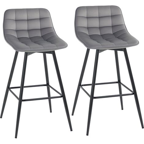 Set 2 Sgabelli Alti in Stile Nordico con Schienale e Poggiapiedi, Sgabelli con Schienale in Tessuto Effetto Velluto e Metallo, 45x47x88 cm, Grigio