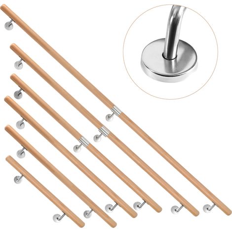 Wolketon Barandilla de pared de haya 120 cm, pasamanos antideslizante Ø4,2 cm con soportes inox, para niños mayores (1/5)