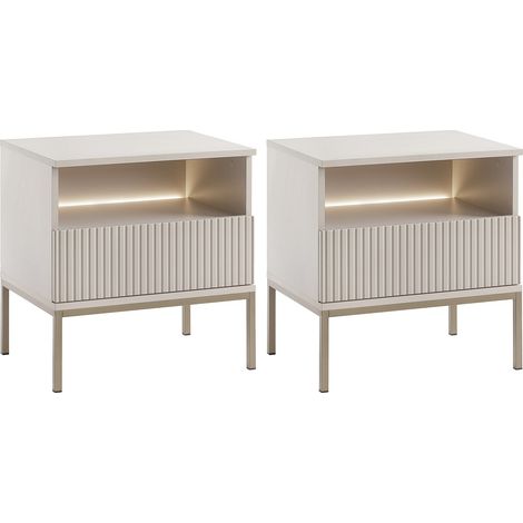 Comodino con 1 cassetto e 1 nicchia Con LED MDF e Vetro fumé Beige Lotto di 2 OVILA