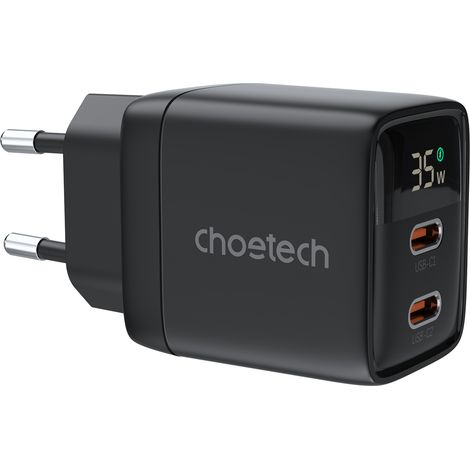 Kleines, leistungsstarkes GaN 2x USB-C PD 35W Wandladegerät mit Display, schwarz (1/5)