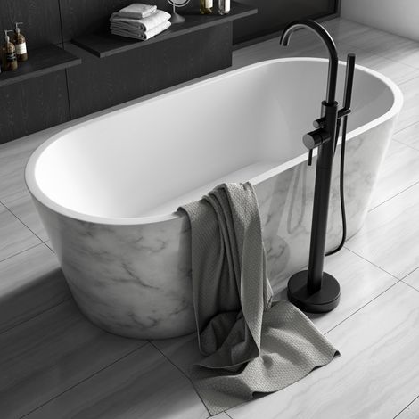 Luxury 1695x795 White Marble Freestanding Bathtub with Black Brass Mixer Tap Set (1/4)