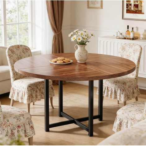 Tavolo da pranzo rotondo industriale 120 cm, piano in legno marrone e struttura in metallo nero (1/5)