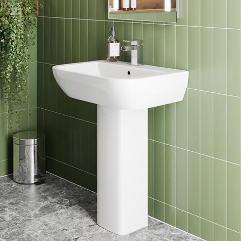 1 Tap Hole Wash Basin Sink Full Pedestal Bathroom Square Ceramic White Gloss (1/5)