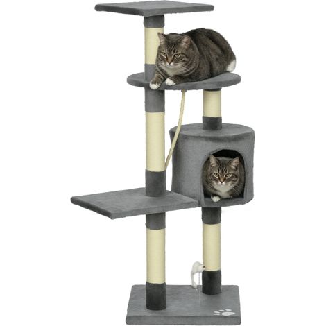 Katzenkratzbaum, 116 cm hoch, mit Sisalstämmen, Höhle, Plattformen und Spielzeug, Dunkelgrau (1/5)