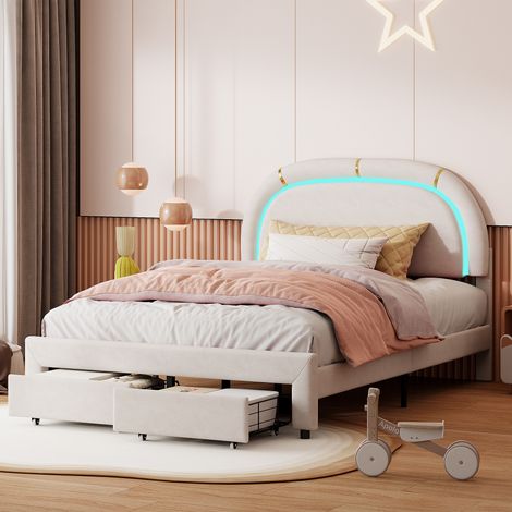 Letto per adulti 140x200cm con 2 cassetti, flanella, giroletto, letto principessa con illuminazione a LED, testiera regolabile, rete a doghe, Letto matrimoniale imbottito - Beige (1/5)