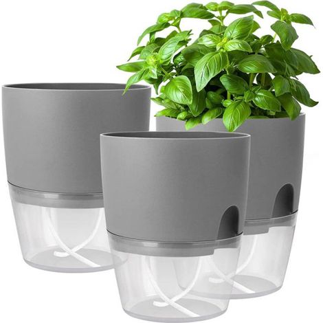 Ensemble de 3 pots de fleurs, plastique gris transparent, arrosage automatique, cordelette coton, pour herbes aromatiques et cuisine (1/5)