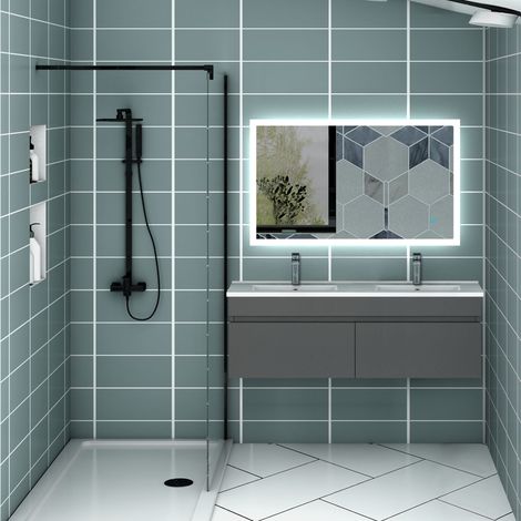 Aica Ensemble meuble Salle de Bain + double vasque L.120cm Anthracite 2 portes + Miroir LED 100 x 60 cm