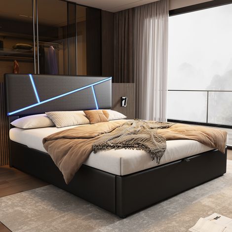 Lit coffre hydraulique 140 x 200 cm noir en simili cuir PU avec LED app, dossier rembourré, sommier à lattes, rangement caché et cadre renforcé (1/5)
