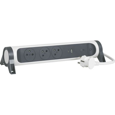 Legrand - Rallonge 3x2P+T Surface, inter, parafoudre, USB A+C et cordon 1,5m - blanc/gris