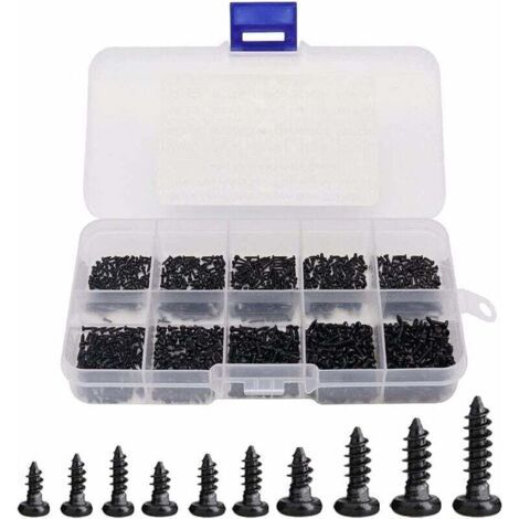1000 Pcs mini vis à bois cruciformes auto-taraudeuses à tête ronde Mini vis M1 M1.2 M1.4 M1.7 Vis à Bois Cruciformes Assortiment Micro vis de haute Précision avec Boîte de Plastique-Noir (1/4)