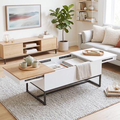 Table Basse Extensible avec Plateau Coulissant, Table de Salon avec Rangement Caché et Pieds en Acier, Blanc (1/5)
