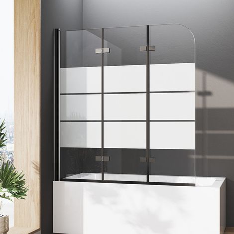 Badewannenaufsatz 130x140cm Schwarz Duschwand für Badewanne Duschabtrennung Badewanne, Duschwand Badewanne 3-teilig Faltbar Badewannenaufsatz Duschtrennwand, 6mm ESG Glas mit Milchglas Streifen (1/5)
