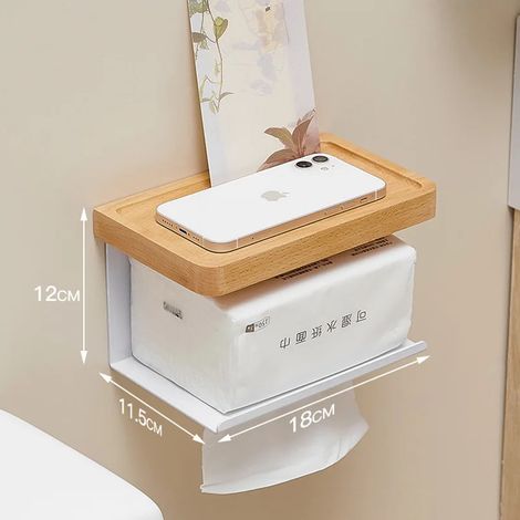 (Style 12) Ensemble de rangement de salle de bain en bois et métal sans perçage – Porte-papier toilette mural, porte-savon et boîte à mouchoirs – Organisateur sans perçage (1/5)