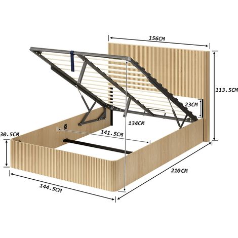 Cadre de lit chêne clair 140x200 cm avec mécanisme de levage hydraulique, rangement intégré spacieux, sommier à lattes en bois massif robuste et surface facile d'entretien