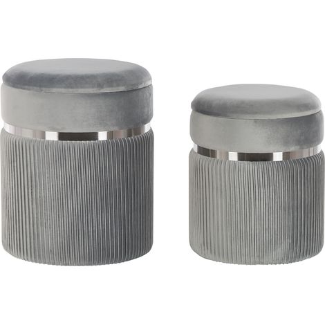 Conjunto de 2 pufs de terciopelo gris claro almacenaje bandas de metal glamour sala de estar dormitorio Camdenton