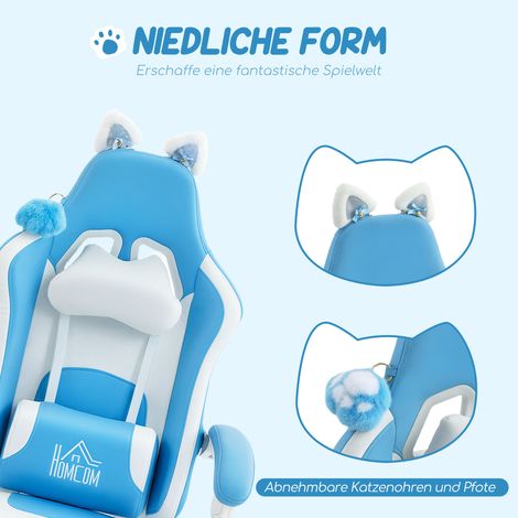 Fauteuil gaming avec oreilles de chat, dossier inclinable, repose-pieds extensible, charge max 120 kg, bleu océan (1/5)