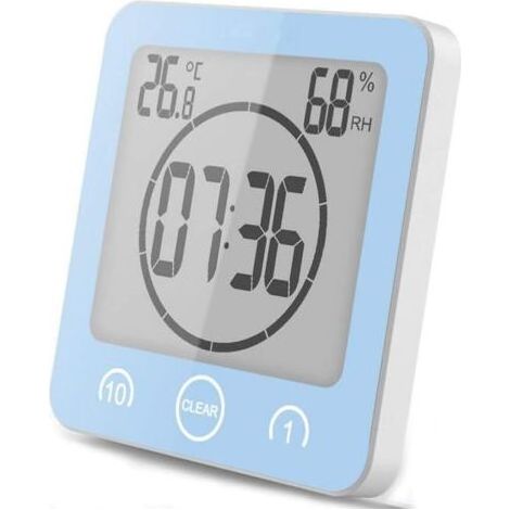 Badezimmeruhr, wasserdichte Duschuhr mit Touch-Bedienung, digitalem LCD-Alarm, Thermometer/Hygrometer, Countdown-Timer, batteriebetrieben, für Schminkküche (Blau) (1/5)