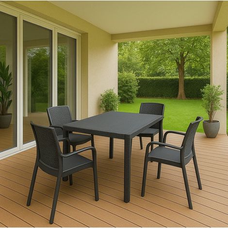 Dmora - Conjunto de salón de exterior Sover, Conjunto de exterior e interior, Mesa rectangular fija con 4 sillas, Fabricado en Italia, Color Antracita (1/3)