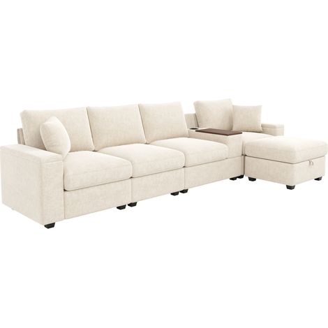 Divano modulare angolare beige con chaise longue, pouf e vani contenitore MODENUIT (1/5)