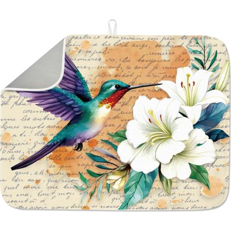 1 tapis de séchage à vaisselle colibri de 60 x 45 cm, tapis égouttoir en microfibre polyester coton absorbant résistant à la chaleur, tapis de comptoir de café, tapis de comptoir pliable avec (1/5)