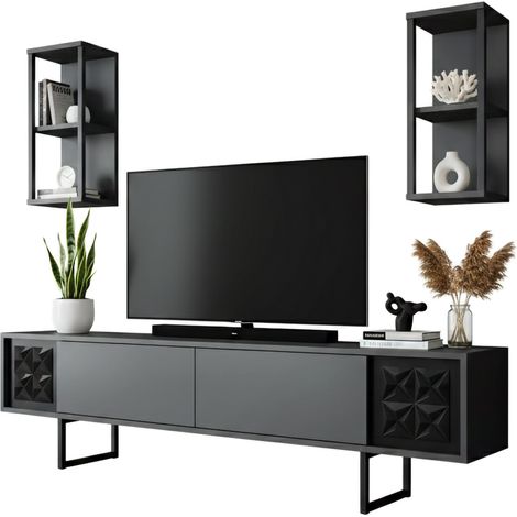 Dmora - Mobile porta TV Kaus, Credenza da soggiorno, Armadio basso per TV, Base parete attrezzata, 180x30h48 cm, Antracite e Nero, con imballo rinforzato, con imballo rinforzato
