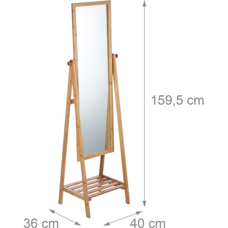 Specchio da terra inclinabile con ripiano regolabile altezza 150 x 40 x 40 cm in bambù naturale 130004047