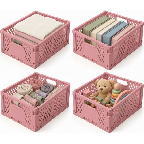Relaxdays Klappbox, 4er Set, stapelbar, Kunststoff, 2 Griffe, Küche, Kinderzimmer, Büro, Aufbewahrungsbox, rosa (1/5)