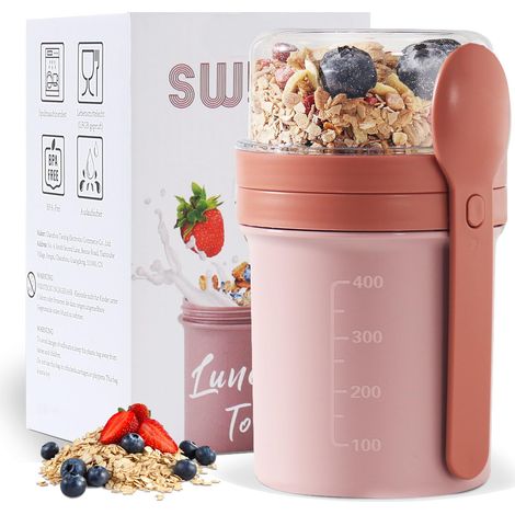 Gobelet à Emporter Muesli 450 ml + 250 ml - Pot Yaourt avec Cuillère pour Céréales - Anti-fuite - Pot à Déjeuner (Violet Vif) (1/5)