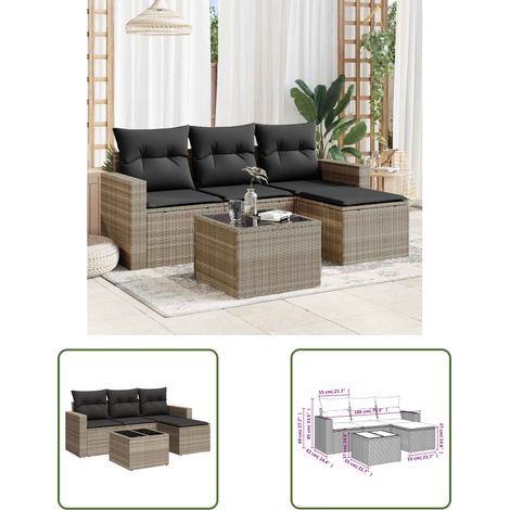 The Living Store 5-tlg. Garten-Sofagarnitur mit Kissen Hellgrau Poly Rattan - Gartenmöbel - Esszimmergarnitur - Rattan Möbel - Outdoor Sofa - Lounge Set (1/3)