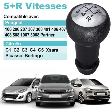 Pommeau de levier de vitesses manuel 5 vitesses pour Peugeot 106 107 207 301 307 308 407 408 508 3008 1007 / pour CITROEN C2 C3 C4 Picasso - Noir et argent (1/4)