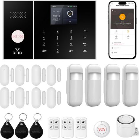 1 Système Alarme Sans Fil 4G WiFi,21 Pièces Avec Sirène 120dB,Capteurs Porte Fenêtre,Télécommande,Maison