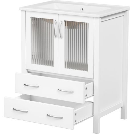 GagaMeuble vasque 61 cm blanc laqué, verre strié, céramique (1/5)