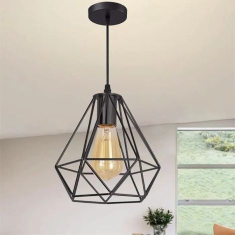 U-Do Lustre Suspension illuminé design Vintage Lampe Cage forme Diamant en Métal Noir E27 20CM décoration Chambre Salon Cuisine (1/4)