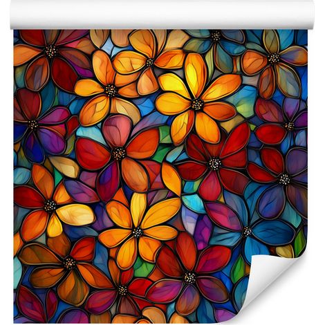 Papier peint à motifs de fleurs en vitrail, or, orange et bleu marine, 50 x 1000 cm (1/5)