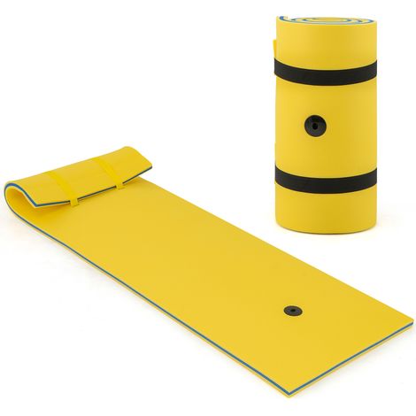 Tapis flottant jaune en mousse XPE 3 couches avec coussin de tête et sangle d ancrage, pliable, pour piscine, lac et plage (1/5)