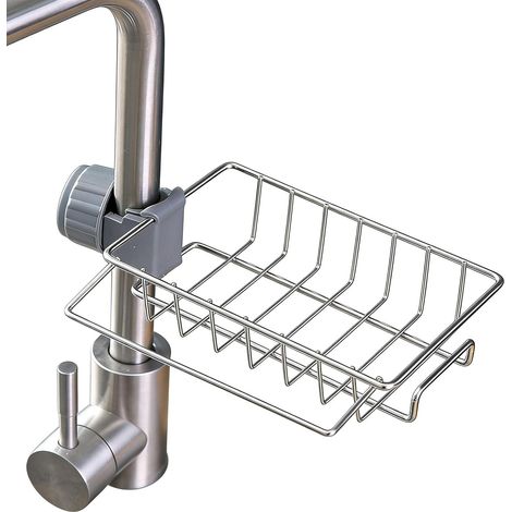Étagère Douche Sans Percage Inox 304 Barre à Serviettes Incluse, Panier Évier Cuisine Antirouille Rangement pour Éponges et Torchons Fixation Clip-on pour Tringle 15-28mm Robinet Argenté (1/5)