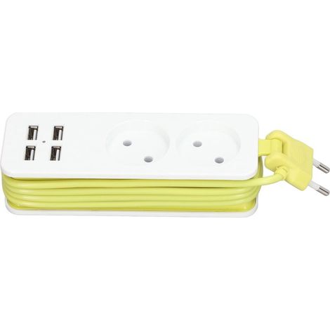 Regleta de 1200 W y 10 A, con 2 enchufes redondos y 4 puertos USB, ideal para teléfonos y portátiles. (1/5)
