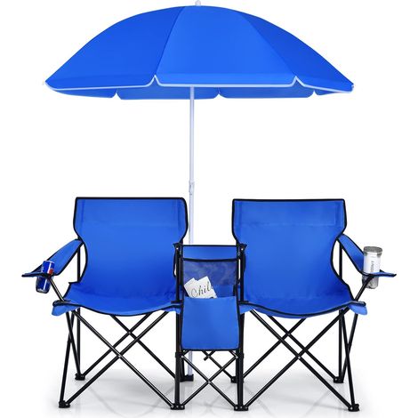 COSTWAY Set di 2 Sedie da Campeggio Pieghevoli, con Ombrellone e Tavolino Contenitore, Resistente e Leggero, Capacità 270 kg (blu navy) (1/5)