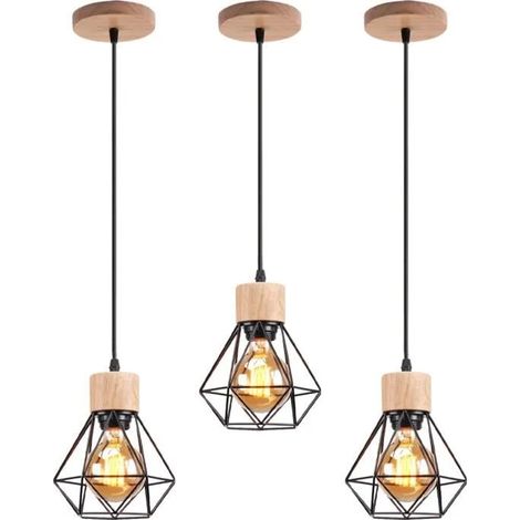 U-Do 3Pcs Lustre Intérieur design Créatif Suspension Cage en Métal Bois Noir E27 Lampe de Plafonde Luminaire Industriel pour Salon (1/4)