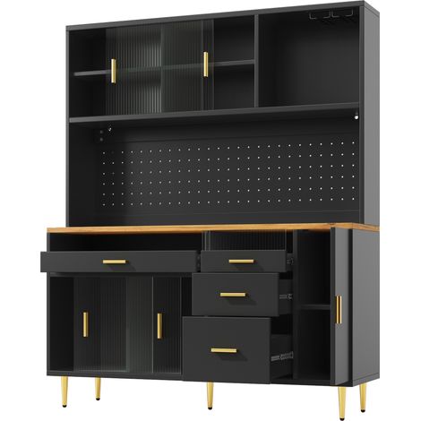 Credenza alta con illuminazione LED 145 x 39 x 171 cm in MDF, metallo e vetro nero HOMVRA (1/5)