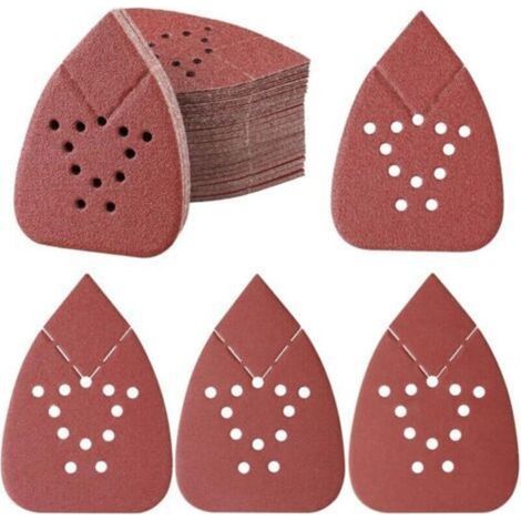 100 Pièces Feuilles Abrasives Pour Ponceuse, Papier Abrasif Triangulaire 140 x 95 mm 12 Trous Papier abrasif pour ponceuse Grain 40/80/120/240/400 pour le Travail du Bois, Métal (1/4)