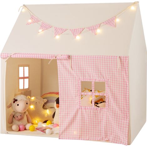 COSTWAY Kids Play Tent Indoor Large Playhouse with Mat & Star Lights-Pink (1/5)