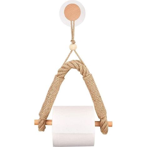 Self-Adhesive Toilet Roll Holder, Wood Roll Holder, Hemp Rope Paper Towel Holder, Wall-Mounted Tissue Holder, Retro Punch-Free Hemp Rope Toilet Paper Holder for Bathroom and Kitchen (1/5)