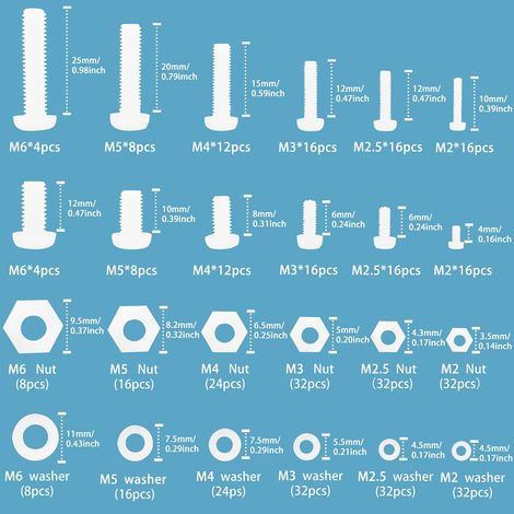 432Pièces Vis Boulons et Ecrous et Rondelles à Tête Cylindrique Nylon BlancAssortiment de Vis Boulons et écrous et Rondelles à Tête Hexagonale Ronde à Filetage - M2/M2.5/M3/M4/M5/M6-Tête cylindrique