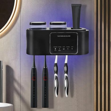Porte Brosse à Dents Mural, Stérilisateur UV pour Brosses à Dents avec 4 Emplacements et 2 Tasses, Support de Brosse à Dents avec Compartiment de Rangement Adaptée Lavabo de la Salle de Bain (1/5)