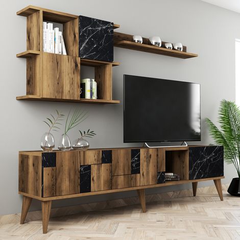 Wohnwand Casaluce, Modul-Schrankwand für Wohnzimmer, 9 Regalfächer, 7 Ablagefächer, Walnussbraun (1/5)