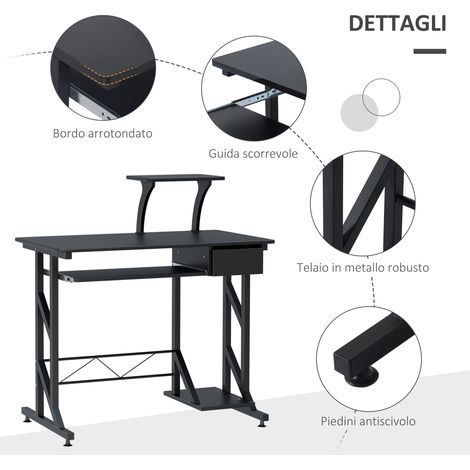 Bureau d'ordinateur gain de place acier et bois noir, table de travail 90x50x100 cm avec tiroir et plateau coulissant pour clavier